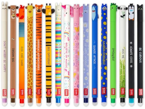 LEGAMI Lot de 16 stylos gel effaçables avec encre effaçable thermosensible, gamme de couleurs d'encre et motifs à baril, pointe de 0,7 mm, motifs animaux