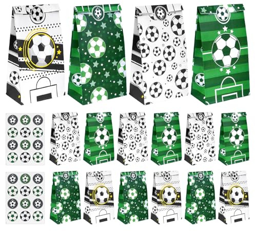YIMETOP 16 stycken fotbollspapperspåsar presentpåsar med 24 klistermärken – fotbollsfestpåsar för födelsedag, halloween och evenemang – godispåsar, motivväskor för barn, sportfest