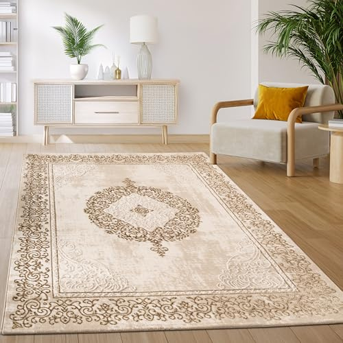 Paco Home Tapis Salon Chambre Vintage Oriental Abstrait Motif Moderne Beige Blanc, Dimension:80x150 cm