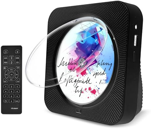 Lecteur CD portable avec Bluetooth - Montage mural et support de bureau - Lecteur CD - Lecteur de musique - Boombox avec télécommande - Radio FM - Haut-parleur HiFi intégré - Écran LCD MP3 - Casque