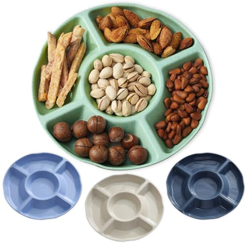 KATLKIU Set da 4 Vassoi Snack Rotondi Ø 23 cm con 5 Scomparti – Plastica Senza BPA, Impilabili – Piatti Snack in 4 Colori – per Aperitivo, Frutta, Dolci e Picnic