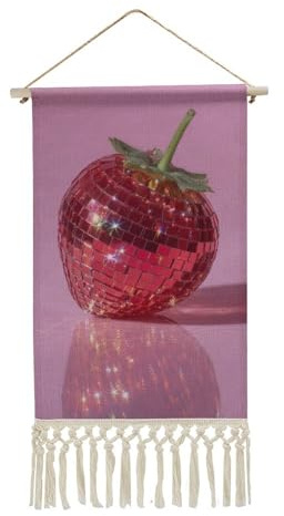 Jubonexis Arazzo da parete in lino, motivo palla da discoteca rosso fragola surreale, poster vintage da parete con nappa e asta in legno