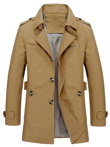 Herr smal enkelknäppt bomullsjacka vindjacka hack krage trenchcoat casual affärer ytterrock för män, Khaki, XXL