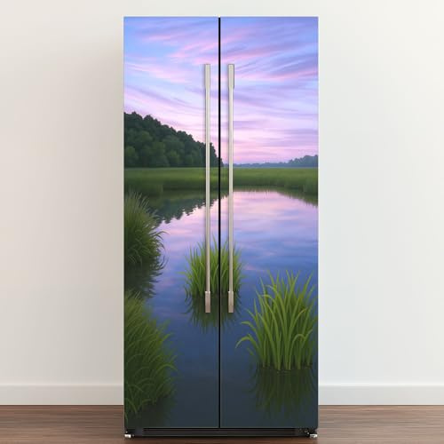 Self Adhesive Vinyl Refrigerator Wrap Reflective South Lowcountry Marsh Scene Sunset Basin Door Mural Sticker Peel and Stick Removable Door Cover Fridge Wrap Decal for Kitchen Decor