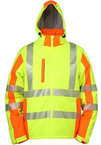Warnschutz-Softshelljacke Winter, warm gefüttert, abnehmbare Kapuze (XL, Neongelb/Warnorange) winddicht, wasserabweisend, atmungsaktiv, mit Reflexstreifen, Warnschutzjacke Softshell Arbeitsjacke
