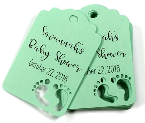 Custom Baby Shower Thank You Tags with Baby Feet Cut Out, Set of 12 (Green)