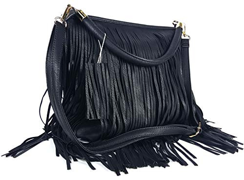 GFM Sac en bandoulière, en simili cuir. Sac avec franges à pompons sur les deux côtés - Style 3 - Noir - (F1618-KL)