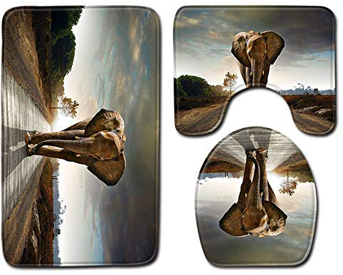 Dreiteilige Badematte, rutschfest Wunderschöne Dekoration, Wasserdicht Und Weich,Elefantenwelt, Große Toilettenmatte + U-Form-Matte + Toilettensitzabdeckung (Stil 03)