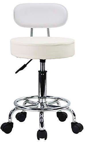 KKTONER PU Leather Rolling Stool Mid-Back with Footrest Height Adjustable Office Computer Home Drafting Swivel Task Chair with Wheels (White)