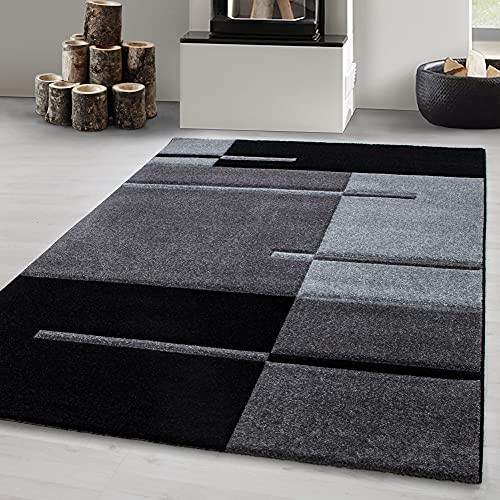 Carpetsale24 Teppich Läufer 80x300 cm – Kurzflor Konturenschnitt in Schwarz Grau – Kariertes Design, Extra Weich, Waschbar, Pflegeleicht – Für Flur, Küche, Wohnzimmer