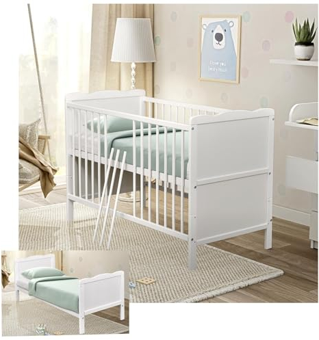 Baby Delux Babybett 60x120 cm weiß Kinderbett mit Aloe Vera Matratze umbaubar zum Juniorbett mit Beißschienen Max