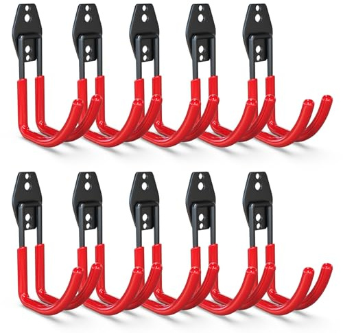 3-H Ganchos de Garaje Resistentes, Paquete de 10 Ganchos de Almacenamiento de Garaje de Acero, Soporte de Pared y Organizador de Herramientas, Cuerdas, Cables(Rojo)