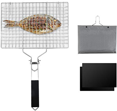 Cesta de parrilla para barbacoa, cesta de parrilla portátil, red de barbacoa plegable de acero inoxidable con alfombrilla de parrilla para pescado asado, camarones, verduras, carne, carne