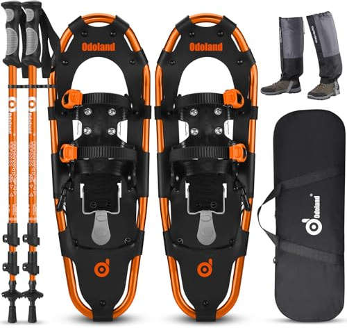 Odoland Raquetas de Nieve Juego 4 en 1 para Hombres y Mujeres, Raquetas Nieve Ajustables con Bastones de Trekking, Polainas de Pierna Impermeables y Bolsa de Transporte, Naranja, S