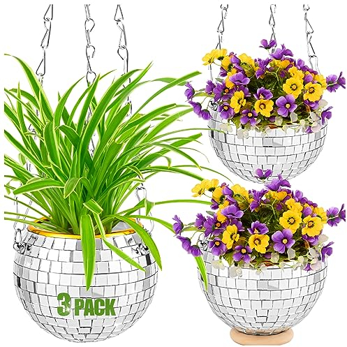3 Stück Disco 4D Ball Pflanzgefäß, Hängende Pflanzgefäße für Zimmerpflanzen, Disco Pflanzgefäß mit Kette und zusätzlichen Spiegelstücken, Hängetöpfe Disco 4D Ball Dekor, 10.2 cm Silber
