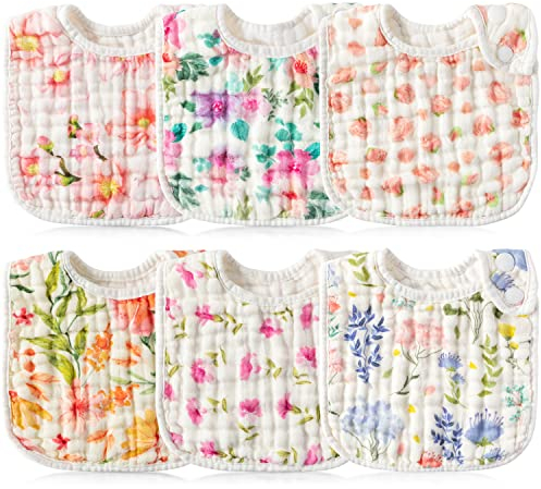 GROBRO7 6Pcs Blumen Baby Snap Lätzchen Baumwolle Neugeborenen Sabberlätzchen mit verstellbaren Druckknöpfen für Kleinkind Zahnen, weiche saugfähige Baby Geschenke, Maschine waschbar (0-36 Monate)