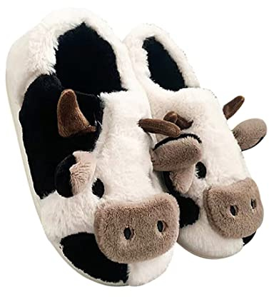 NIBESSER Cow Slippers for Women - Fuzzy Plush Comfy Winter Warm Cozy Animal House Sliders - Thick Sole Soft Pillow Slippers - Novelty Shoes for Indoor & Outdoor