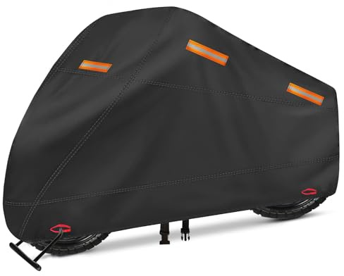 OWEEIO Motorcycle Cover, Heavy Duty 600D Oxford, Waterproof Outdoor, Weather Resistant, Rip-Proof, Anti-UV with 5 Reflective Strips, 2 Lock-Holes, 1 Windproof Strap, 1 Storage Bag (116 x 41 x 50)