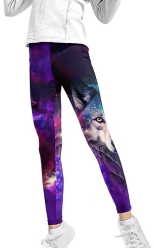 Showudesigns Galaxy Wolf Girls Leggings 12-14 High Waisted Yoga Pants Workout Dance Leggings Kids Clothes Outfits Fall Athletic Pants Footless Tights Purple
