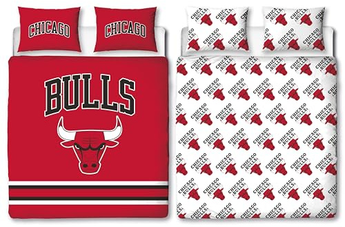 NBA officiellt dubbelt påslakanset, Chicago Bulls Design | vändbart 2-sidigt rött påslakan, officiella basketvaror inklusive matchande örngott | dubbelsäng set | polycotton