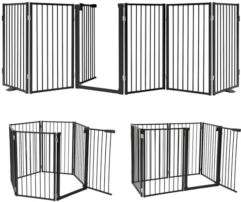Snagle Paw Full Metal Freestanding Dog Gate with Door, 120” W x 32” H Pet Gate with Support Feet for Doorways, Stairs and Hallways, Portable Dog Fence for Indoor Use (32 6 Panel, Black)