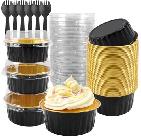 Tikxlafe 50 Pack 5oz Round Disposable Aluminum Foil Baking Cups, Mini Cake Pans with Lids, Muffin Tin Ramekins for Weddings & Parties-Black