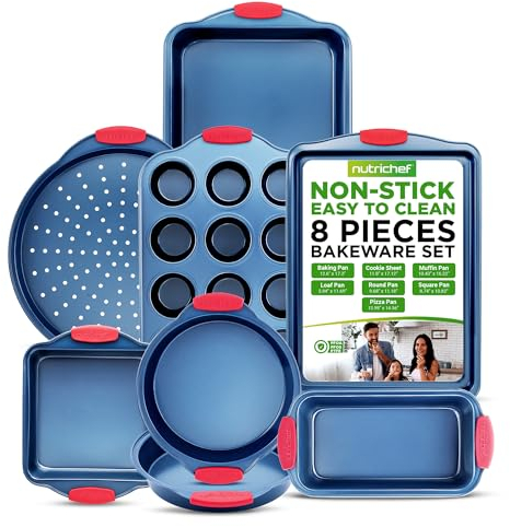 NutriChef 8-teiliges Backformen-Set – Antihaft-Backformen aus Karbonstahl mit roten Silikongriffen, blaue Beschichtung, langlebig und schmutzabweisend, perfekt zum Backen von Kuchen, Muffins, Keksen