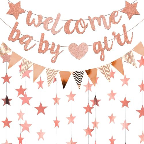 Baby Shower Decoration Bannière Fille - Bannière Rose Welcome Baby Girl avec Fanions et Guirlande de Bienvenue de Fête, Prénatale Décoration Banner pour Bébé (Rose)