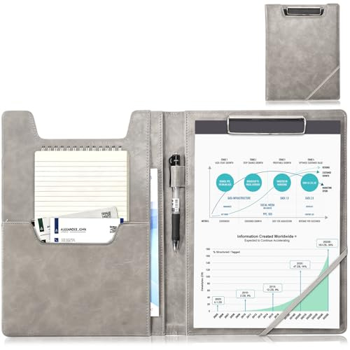 ProCase Portafolio de Cuero, Portapapeles de Negocios con Bloc de Notas A4 Carpeta Organizador de Documentos para Entrevistas Currículum Oficina Conferencia Presentación -Gris