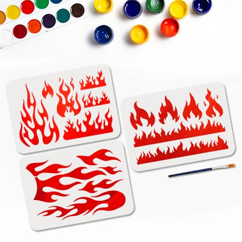 MAYJOYDIY 3Pcs Flame Stencils Set 29.7×21cm Reusable Fire Pattern Stencils for Painting Bonfire Burn Blaze Drawing Templates with Paint Brush for Craft on Window Wood Wall Canvas Home Decor