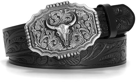 FFWTPY Cinturón Hombre Cuero Tamaño Ajustable Vaquero Occidental Hebilla Floral Grabada Relieve Vintage 115CM