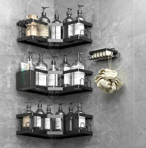 AceMining Shower Caddy, 5 Pack Black (SML+2) Bathroom Shelves, Adhesive Shelf Storage No Drilling, Carbon Steel Shower Organiser, Rust-Resistant Caddy Corner, Soap Holder, Bathroom Accessory