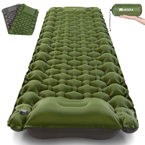 AKSOUL Self Inflating Sleeping Camping Mat: Lightweight & Compact Air Inflatable Camp Mattress with Built-in Foot Pump Thick Bed Roll Sleep Pad for Hiking BackpackingTravel