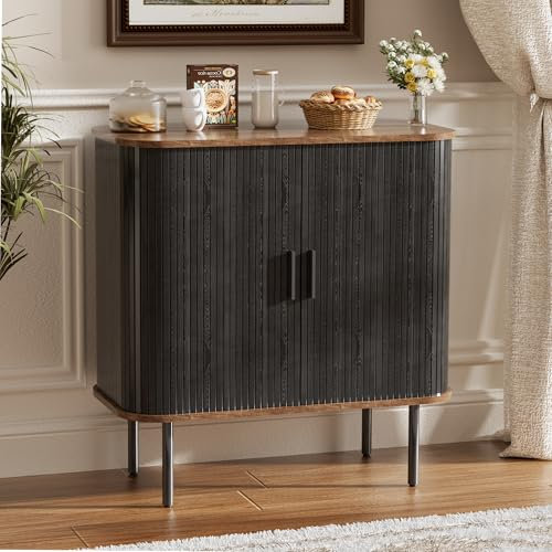 FiveWillowise Küchenschrank, Sideboard mit 2 Schiebetüren, Anrichte, Aufbewahrungsschrank, Buffetschrank, Kaffeebar-Schrank für Küche, Esszimmer, Wohnzimmer, 80 x 40 x 81.5cm, Schwarz