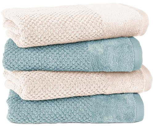 Pure Label 4-TLG. Handtücher Set mit Aufhängeschlaufen aus 100% Baumwolle, saugstark und weich - 4er Pack Handtücher 50x100 cm auf feinster aus feinster Baumwolle, Creme | Türkis