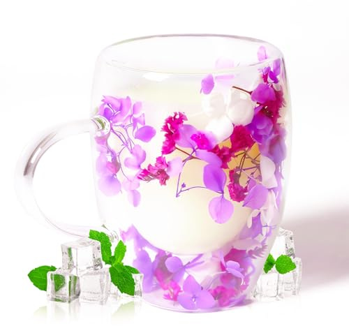 RUIOMII 350 ml Floral Fusion dubbelväggiga glasmuggar, kreativa dubbelväggiga glas med blommor för latte, kaffe, cappuccino, varm choklad, presenter till kvinnor, syster, mödrar, fru, vänner