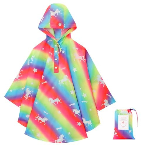 KAKU NANU regnponcho barn regncape poncho med huva lätt regnponcho återanvändbar flickor pojkar vattentät vikbar 98–152 (3–12 år) 10 färger, rosa/gul, 6-12 år