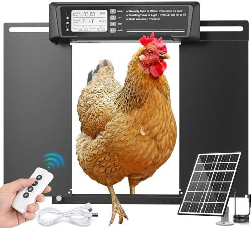 Puerta Gallinero Automática Solar, con Función Manual y Temporizador, Puerta Automática Gallinero con Energía Solar Anti-aplastamiento | Control Remoto | Batería de Alta Capacidad | Gran Panel Solar