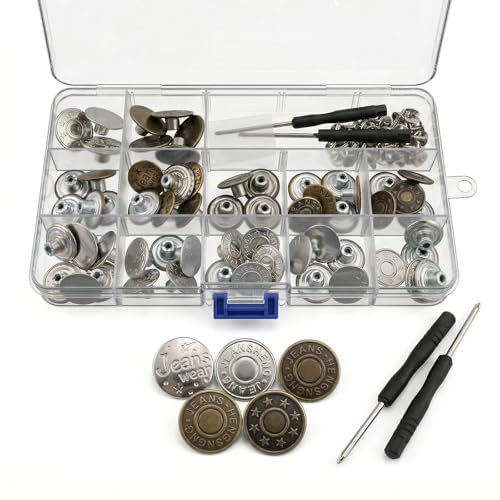 60 Pcs Jeans Buttons Metal Replacement, 17mm/22mm, with Screwdriver