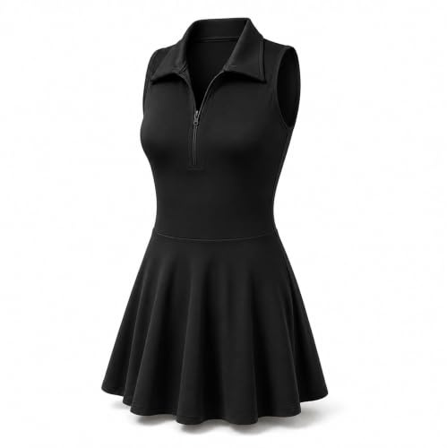 Yu & Me PARIS Womens Athletic Tennis Dress with Built-in Bra & Inner Shorts – Sleeveless Zip Front Sports Dress with Pockets – Quick Dry Workout Golf Activewear (Black, M/L, 12-16)