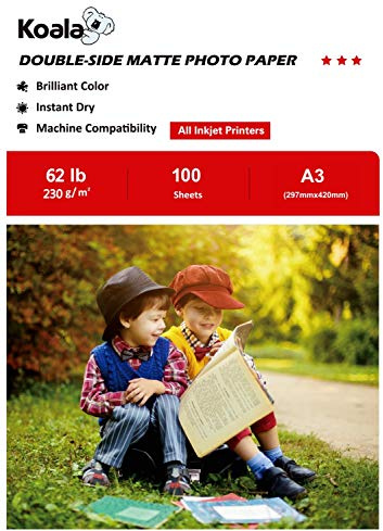 KOALA Double Sided Matte Inkjet Photo Paper A3, 230gsm, 100 Sheets for Inkjet Printers. Suitable for Printing Photos, Brochures, Covers, Certificates, Booklets, Flyers, Leaflets, Cards, Calendars