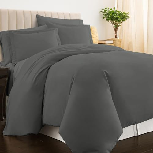 Pizuna 100% Cotton Double Duvet Cover Set Dark Grey, 400 Thread Count Long Staple Cotton Duvet Cover 200x200cm, Sateen Weave Quilt Cover with Button Closure (Double Duvet Cover Cotton)