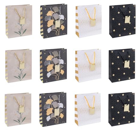 DONAU HOME Lot de 12 sacs cadeaux plastifiés - 25 x 30 x 10 cm - Pour toute l'année - Différents motifs - Incassable - Élégant - Avec anse - Cadeau Fête - Mélange de couleurs