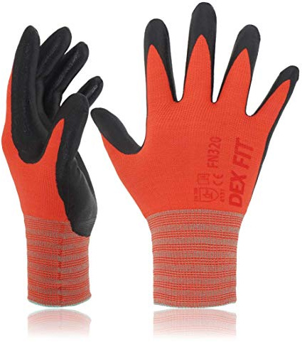 DEX FIT Nitrile Work Gloves FN320, 3D Comfort Stretch Fit, Power Grip, Durable Foam Coated, Thin & Lightweight Premium Nylon, Machine Washable; Red 8 (M) 3 Pairs