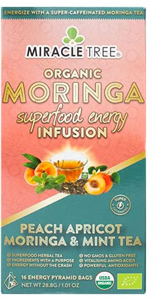 Miracle Tree's Moringa Energy Tea - Peach Mint Apricot | Super Caffeinated Blend | Healthy Coffee Alternative, Perfect for Focus | Organic Certified & Non-GMO | 16 Pyramid Sachets