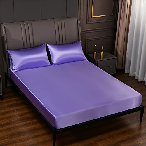Surwin Satin Seide Spannbettlaken Spannbetttuch Boxspringbett, Weiche Einfarbig Matratzenbezug Steghöhe bis 36/40 cm,mit Elastischem Gummiband für Einzelbett Doppelbett (150x200x40cm,Lila-blau)