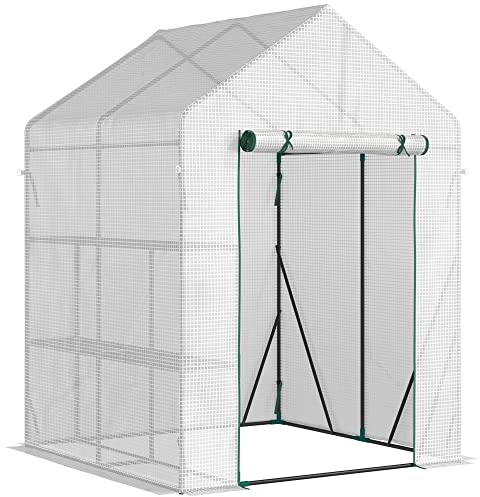 Outsunny Serra da Giardino in Acciaio e Copertura PE, Serra da Balcone per Piante con 2 Scaffali e Porta Avvolgibile, 143x143x195cm, Bianco