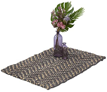 Relaxdays Jute Teppich, 60 x 90 cm, handgewebter Teppichläufer, Naturfasern, Läufer Flur, Wohnzimmer, Küche, grau/beige