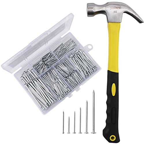 376PCS Nails & Hammer Set, 8oz Hammer, 6 Nail Sizes for Hanging Pictures