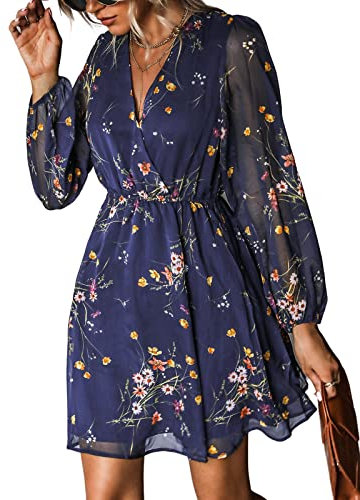 CUPSHE Women's Floral Print Chiffon A-Line Mini Dress Long Peasant Sleeves Elastic Summer Autumn Dress Navy L